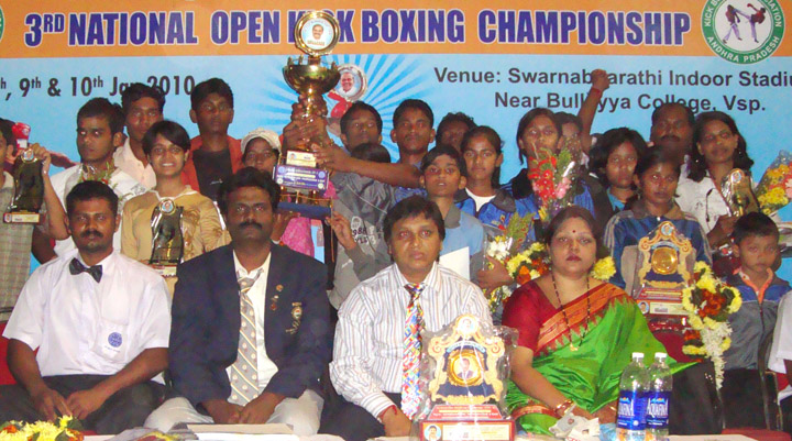 Orissa kickboxers celebrate after winning the team trophy at the 3rd National Open Championship in Vishakhapatnam (AP) on <b>January 10, 2010.