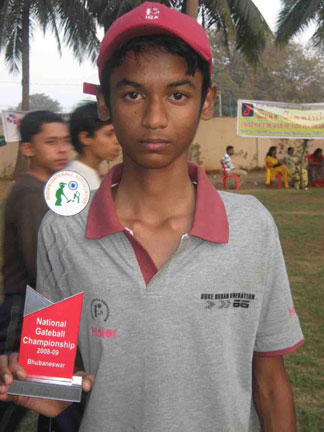 Spandan Mishra with the best player`s trophy at the National Gateball Championship in Bhubaneswar on Jan 25, 2009.
